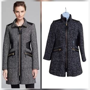 Via Spiga Tweed Coat Wool Blnd Leather Accents Black White Sz 14 L/XL Seen On TV